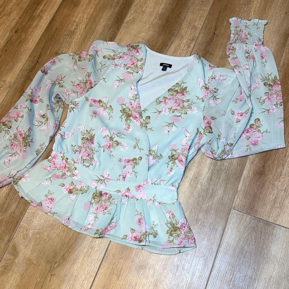 Express Floral V-Neck Blouse - Light Green and Pink - Picture 3 of 6